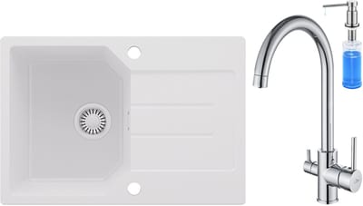 Anycee MAX Granieten Spoelbak 65x45CM - Spoelbakken Keuken Wit - Wasbak Keuken Met 3-weg keukenkraan en Zeepdispenser - Spoelbak Met Planchet en Afdruiprek - Spoelbakken Incl. Sifon en Afvoerzeefje
