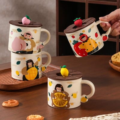 Fruit Keramische Beker met Deksel Grote Capaciteit Thuisgebruik Set van Mok met Deksel Meisje Hittebestendige Waterbeker Studenten 380ML black