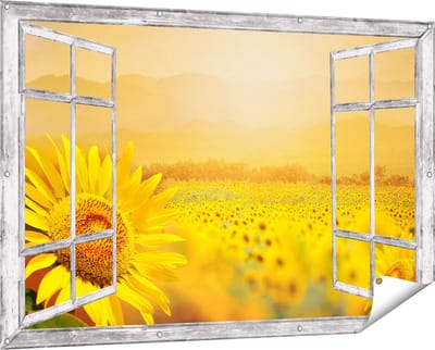 Gards Tuinposter Doorkijk Zonnebloemen Veld met Zonopkomst - 150x100 cm - Tuindoek - Tuindecoratie - Wanddecoratie buiten - Tuinschilderij