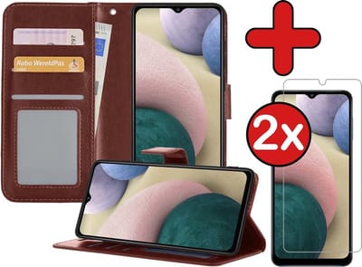 Hoesje - Met 2x Screenprotector - Geschikt voor Samsung Galaxy A12 - Luxe Pasjeshouder - Flip Case - Bookcase Portemonee - Kunstleer Book Case - Flipcase Hoes - Book Cover - Walletcase - Portemonneehoes - Telefoonhoes - Bruin