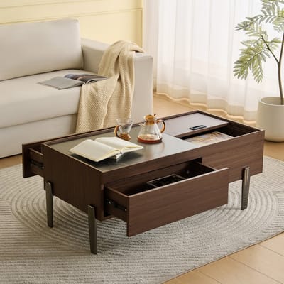 Pugsdrly Moderne salontafel met lades en glazen blad – donkerbruin houtdesign, houtnerf in marmerlook, metalen poten en veel opbergruimte voor de woonkamer