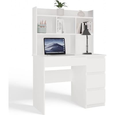 Bureau MIJAS Rechts met Verlengsel - 4 lades & open schappen | Kleur: Mat Wit | Maat: 98x51x146 cm
