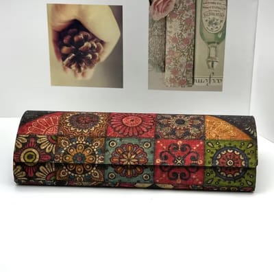 Multicolor brillenkoker dames en heren – kurk look hard case met patchwork mandala print – klep sluiting – rechthoekige opberg case voor bril of zonnebril