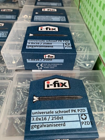 Houtschroef. 3.0 x 16mm. lang. Platkop-Kruiskop-PZD-2. Verzinkt. 250 stuks Spaanplaatschroef. Ifix.