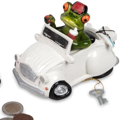 Kikker beeldje witte spaarpot auto