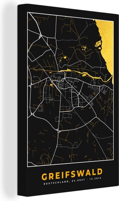 Canvas Schilderij Black and Gold – Stadskaart – Greifswald – Duitsland – Plattegrond – Kaart - 20x30 cm - Wanddecoratie