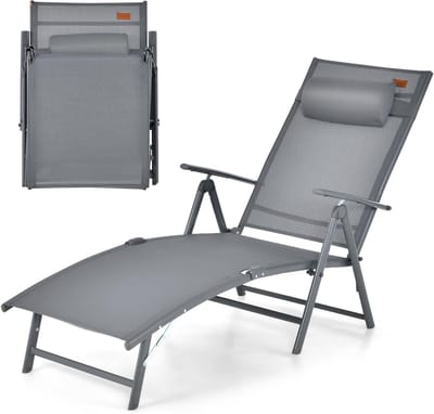 KOMFOTTEU Ligstoel met hoofdsteun, inklapbare ligstoel met rugleuning in 7 standen verstelbaar, belasting 150 kg, ergonomische outdoorstoel met armleuningen, 142 x 61 x 103 cm (grijs)