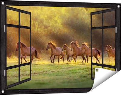 Gards Tuinposter Doorkijk Kudde Bruine Paarden in de Wei - 90x60 cm - Tuindoek - Tuindecoratie - Wanddecoratie buiten - Tuinschilderij