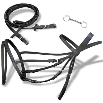 vidaXL - Hoofdstel - leer - met - gecombineerde - neusriem, - teugels - en - bit - zwart - cob