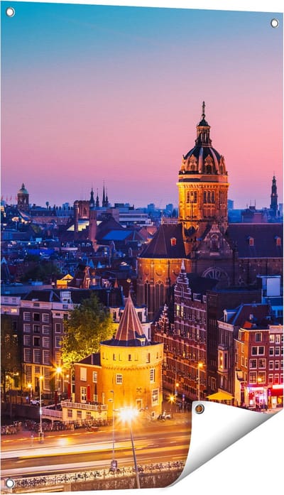 Gards Tuinposter Amsterdam Skyline bij Zonsondergang - 60x90 cm - Tuindoek - Tuindecoratie - Wanddecoratie buiten - Tuinschilderij