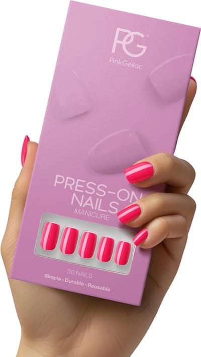 Pink Gellac Press On Nails - 161 Ibiza Pink - Square Medium Plaknagels - 30 Press On Nagels Met Lijm, 30 Plakstickers, Cleaner Wipe, Nagelvijl, Woodstick en Size Matcher - Snel Aan Te Brengen Plak Nagels - Voor 7-14 Dagen Mooie Nagels