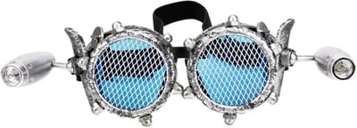 KIMU® Goggles Steampunk Bril Met Gaas, Studs En Led Lampjes - Oud Zilver Montuur - Blauwe Glazen - Spacebril Space Hoge Hoed Festival
