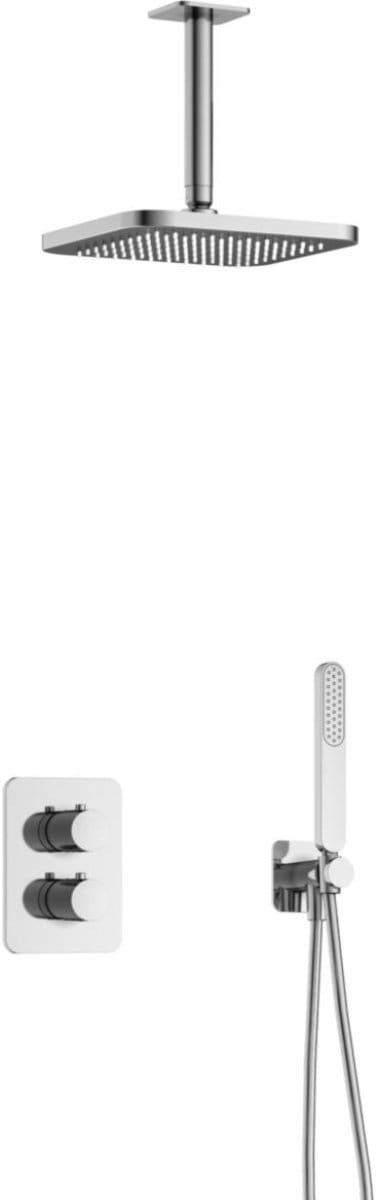 Hotbath Gal - Inbouw Regendoucheset - Chroom - Thermostatisch - Plafondbuis 15 cm - Hoofddouche 220 mm - Staafhanddouche - met 2-Weg Stop-Omstel
