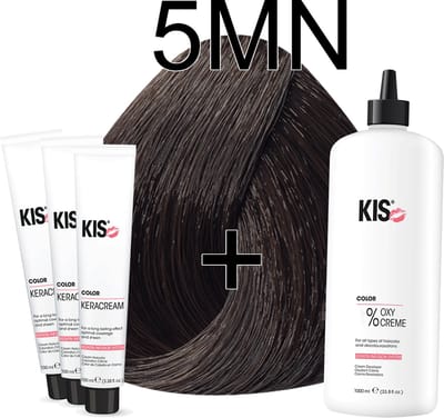 Kis KeraCream Color - 100ml - Haarverf Set - 5MN Licht mat bruin | KIS - (3 x haarverf & 1L waterstofperoxide)