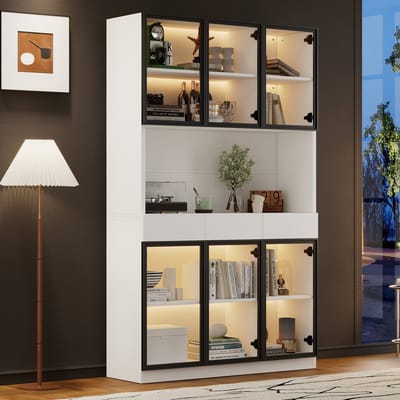 REDOM - Vitrinekast - LED-verlichting - 6 deuren en 3 laden met open middenvak - Verstelbare planken - Spaanplaat en gehard glas - Wit - 120 x 30 x 200 cm
