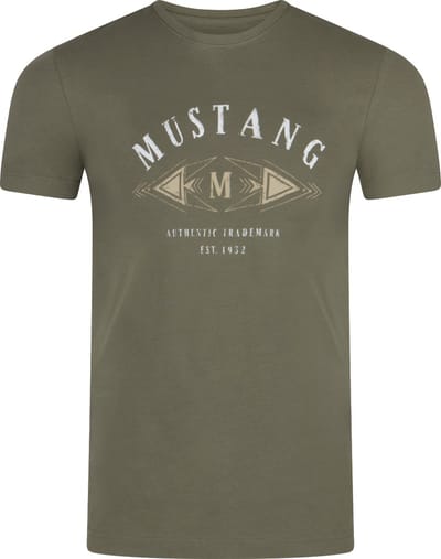 Mustang Heren T-Shirt Basic Print Tee regular fit Olijf S Ronde Hals Volwassenen Opdruk Print Shirts