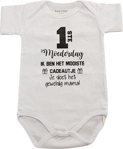 Rompertje baby tekst cadeau | mijn eerste moederdag ik ben het mooiste cadeautje je doet het geweldig mama | korte mouw | wit zwart | maat 74-80 jongen meisje unisex