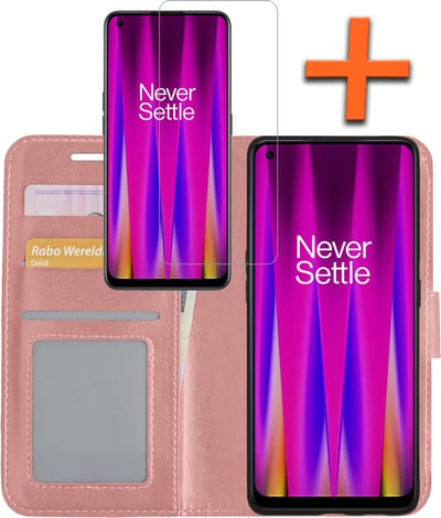 Hoes - Met Screenprotector - Geschikt voor OnePlus Nord CE 2 - Luxe Pasjeshouder - Bookcase Portemonee - Flip Case - Kunstleer Book Case - Flipcase - Book Cover - Walletcase - PortemonneeHoes - Rosé goud
