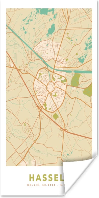 Poster Kaart - België - Hasselt - Plattegrond - Stadskaart - 80x160 cm