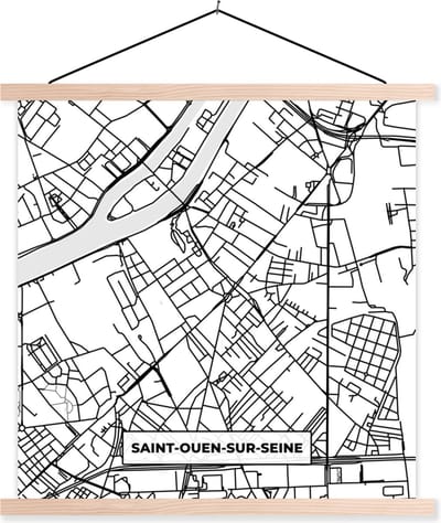 Posterhanger incl. Poster 40x40 cm - Schoolplaat - Kaart - Stadskaart - Saint-Ouen-sur-Seine - Frankrijk - Plattegrond - Zwart wit - Textielposter - Blanke latten - Stadskaart