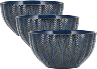 Soepkommen Set van 3 - Ø14 cm Aardewerk Kommen - Zonder Oor – Gebruikt als Schalen en Fruitschaal – Ramen Kom Serviesset - Blauw