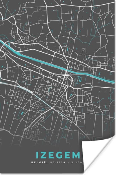 Poster België – Izegem – Stadskaart – Kaart – Blauw – Plattegrond - 120x180 cm XXL