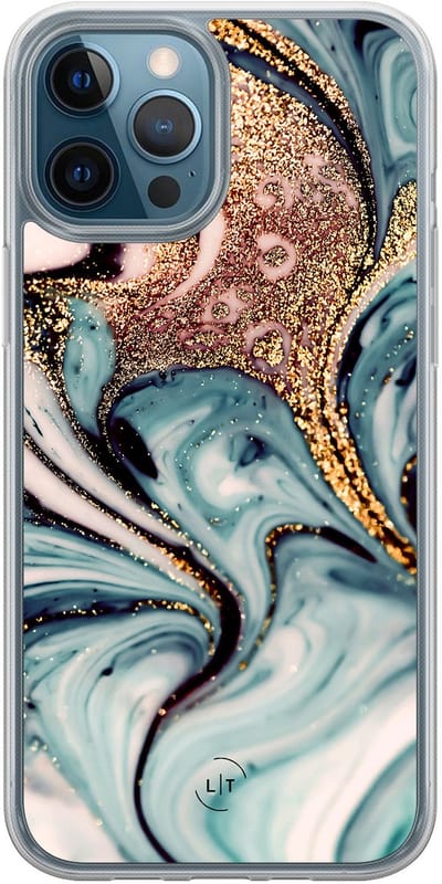 Hoesje geschikt voor iPhone 12 - Marmer blauw goud - 2in1 backcover - Marmer - Blauw - Leuke Telefoonhoesjes