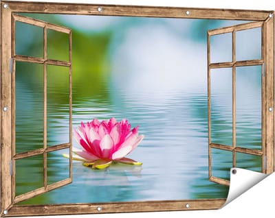 Gards Tuinposter Doorkijk Roze Lotusbloem op het Water - 120x80 cm - Tuindoek - Tuindecoratie - Wanddecoratie buiten - Tuinschilderij