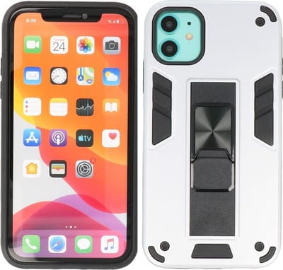 iPhone 11 Hoesje - Tough Armor Hardcase - Telefoonhoesje Met Standfunctie - Bestcases Backcover - Zilver