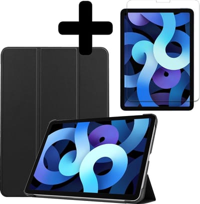 Hoesje - Geschikt voor Apple iPad Air 4 (2020) - 10.9 inch - 4e Generatie - Met Screenprotector - Hardcover Book Case - Trifold Bookcase Hoes - Hard Cover - Tablethoes - Zwart