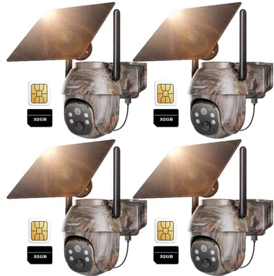 4G LTE-wildcamera op zonne-energie met bewegingsdetector, accu, SIM-kaart en 32G-kaart, 2K-bewakingscamera voor buiten met kleuren-nachtzicht en PIR 4PCS