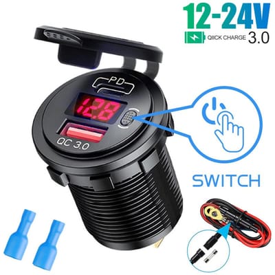 12V/24V autolader met aan/uit-schakelaar, spanningsweergave, 45W PD USB QC 3.0 snellader voor auto, vrachtwagen, boot, camper, motorfiets wtih wire