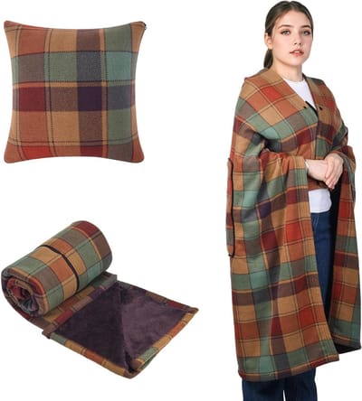 Compacte 2-in-1 Deken en Kussen voor Vrouwen - Fleece Poncho Plaid Bedspread voor Bank en Kantoor, Ideaal voor Comfort en Warmte