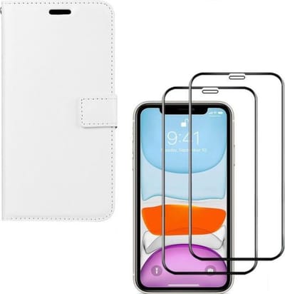 Bookcase Geschikt voor: iPhone 11 Pro Max - wit - portemonee hoesje + 2X Full cover Tempered Glass Screenprotector