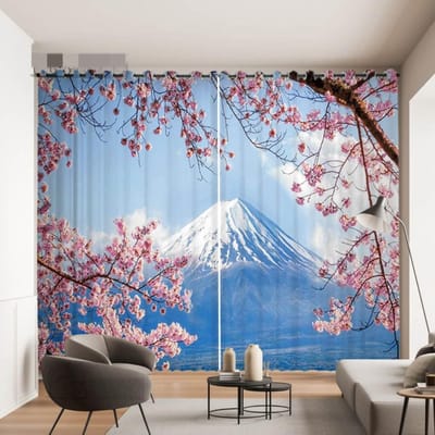 Romantisch Kersenbloesem Patroon Gordijn Mount Fuji Landschap Decor Gordijn Japans Sushi Nikki Restaurant Raamgordijn 2 STUKS 2x50W100H(CM)&hook gray