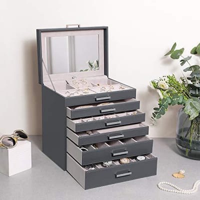 SONGMICS sieradendoos, grote sieradendoos met 6 niveaus, sieradendoos, met laden en spiegel, voor armbanden, oorbellen, kettingen, ringen en horloges, cadeau-idee, grijs JBC138G01