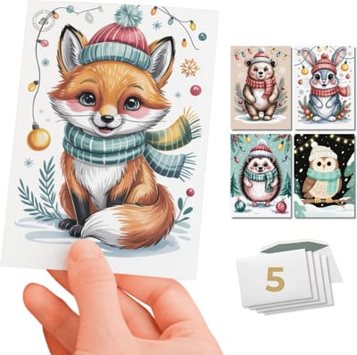 Inspra Studio – Luxe Kerstkaarten met Enveloppen – 5 Stuks – Vos, Egel, Uil, Beer & Konijn Wenskaarten – Handgetekende Dieren Illustraties