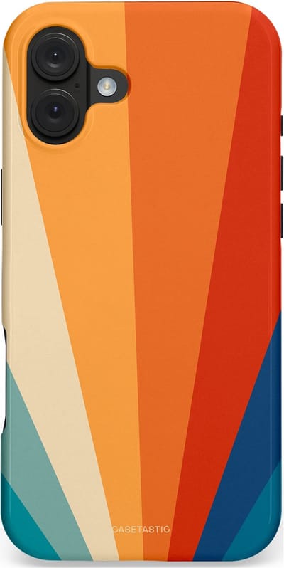 Casetastic hoesje geschikt voor Apple iPhone 16 Plus - MagSafe - Dubbellaagse bescherming - Retro straal - Fashion Case - Oranje Okergeel Petrol Rood