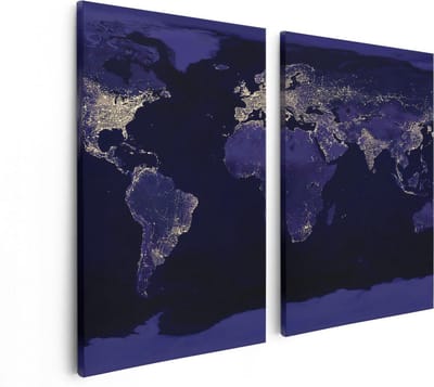 Artaza Canvas Schilderij Tweeluik Wereldkaart Met Licht Observaties - 80x60 - Foto Op Canvas - Canvas Print