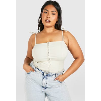 boohoo Dames Plus Korset Top met haak-en-oog sluiting en gebonden schouderbandjes | Kiezelsteen | Maat: 50