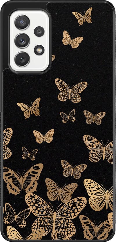 Leuke Telefoonhoesjes - Hoesje geschikt voor Samsung Galaxy A52 5G - Vlinders - Backcover zwart - Print / Illustratie - Zwart, Goud