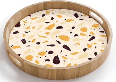 Dienblad rond 40x40 cm - Schootdienblad hout - Terrazzo - Patroon - Geel - - Borrelplank rechthoek - Plateau houten dienbladen