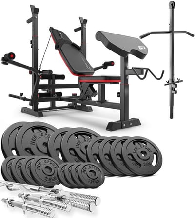 Hop-Sport HS-1075 – Halterbankset met Lat Pulley – Verstelbare Trainingsbank – Halterstangen 167 cm en 120 cm – 60 kg Gietijzeren Halterschijven – 30 mm