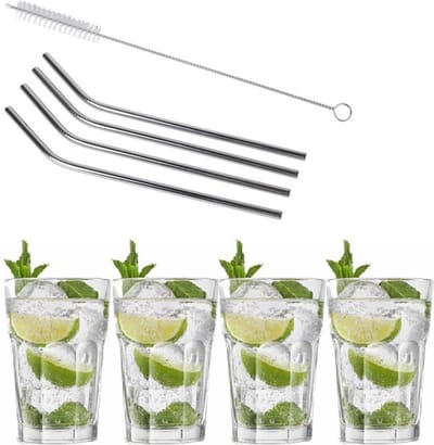 4x Cocktailglazen / Mojito glazen transparant 410 ml - Inclusief 4x RVS herbruikbare rietjes