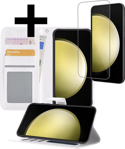 Hoesje - Met Screenprotector - Geschikt voor Samsung Galaxy S23 FE - Luxe Pasjeshouder - Bookcase Portemonee - Flip Case - Kunstleer Book Case - Flipcase - Book Cover - Walletcase - Portemonneehoes - Telefoonhoesjes - Wit