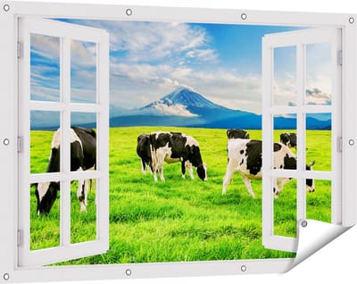 Gards Tuinposter Doorkijk Koeien in de Wei - 120x80 cm - Tuindoek - Tuindecoratie - Wanddecoratie buiten - Tuinschilderij