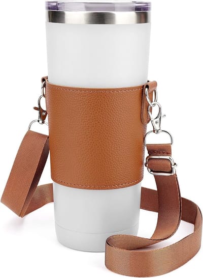 Vegan Leren Bekercarrier met Schouderband, Geschikt voor 24 oz Bekers, Handige Cup Sling Tas, Lichtbruin