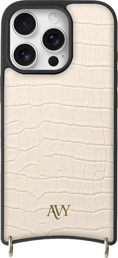 AVY Leren Hoesje geschikt voor Apple iPhone 16 Pro Max | Compatibel met MagSafe | Leather Case | Back Cover | Haakjes voor koord | Croco Beige