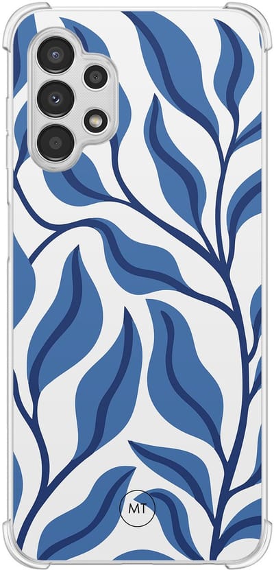 Hoesje (shockproof) geschikt voor Samsung Galaxy A13 4G - Blue leaves - Extra sterke case - TPU/polycarbonaat - Print - Blauw, Transparant