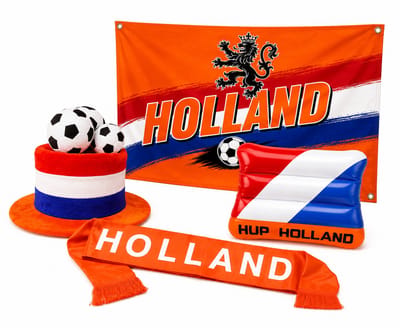 Holland Supporterspakket WK 2026 – Holland Vlag 90x60 cm + Holland Sjaal + Voetbalhoed + Opblaaskussen – Oranje Fanpakket Nederland